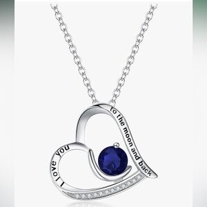 925 Sterling Silver Heart Necklace CZ Sapphire I Love You to the Moon + Back NEW